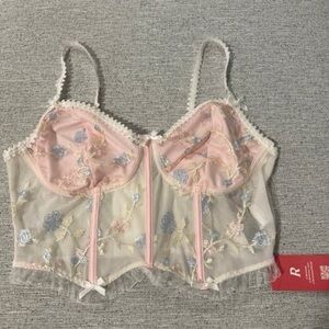 ROMWE Pink and Cream Floral Embroidered Crop Top